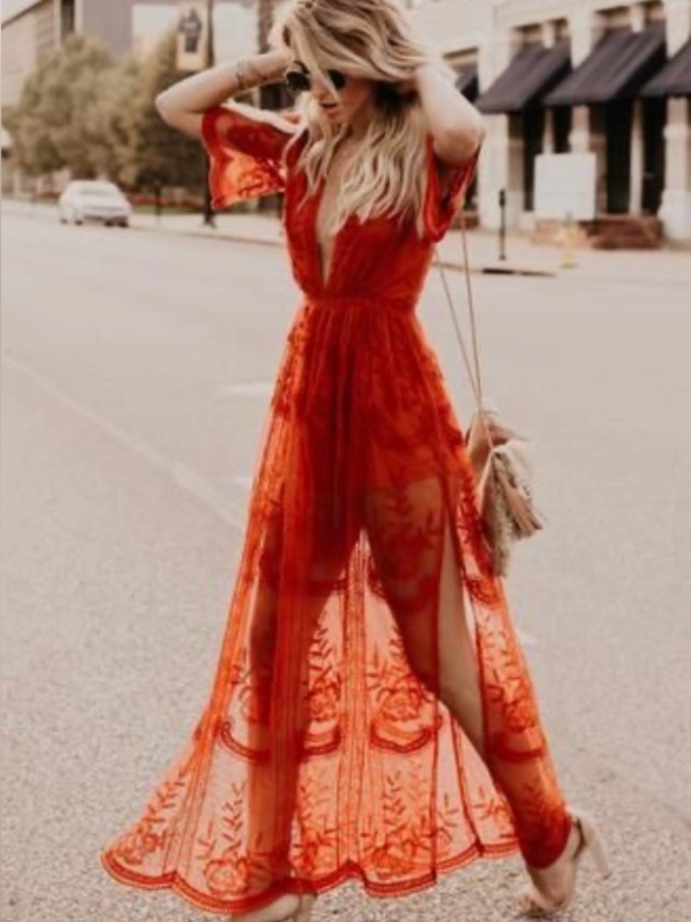 Dress Day Women's Floral Lace Dress V Neck Split Bohemian Maxi Dress Orange